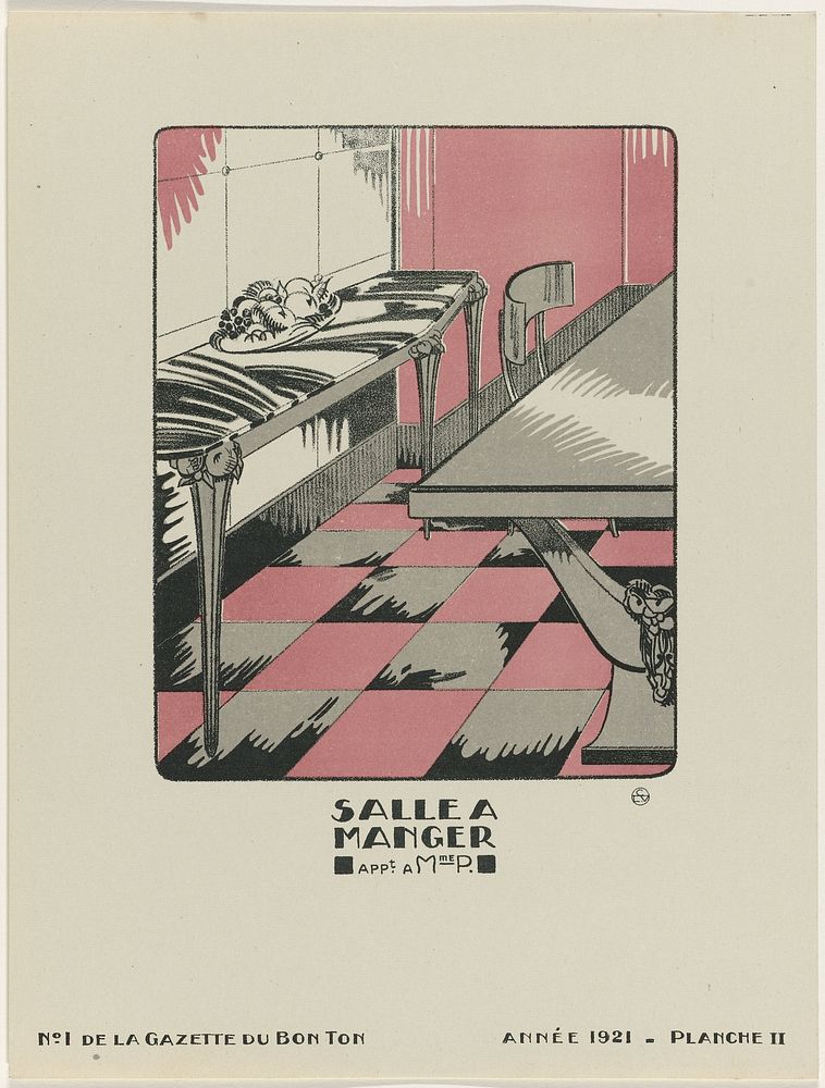 Gazette du Bon Ton, 1921 - No. 1, Pl. II : Salle a manger appt. à Mme. P. (1921) by MAM, anonymous, Lucien Vogel, The Field…