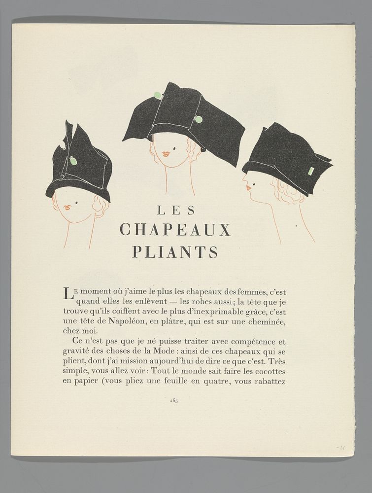 Gazette du Bon Ton, 1922 - No. 9 : p. 265: Les chapeaux pliants (1922) by anonymous, Lucien Vogel, Condé Nast Publisher and…