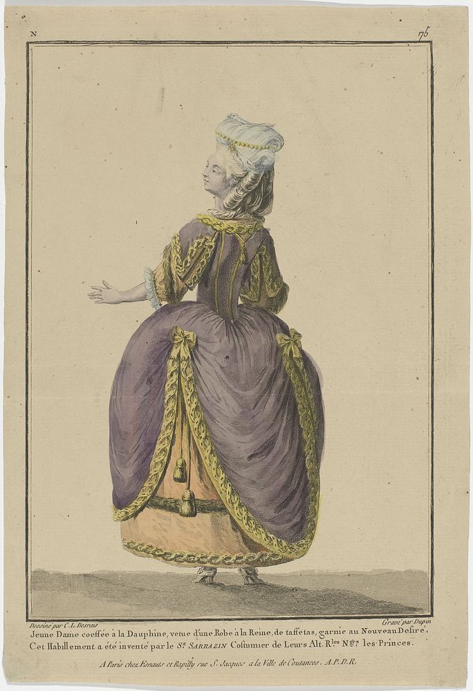 Gallerie des Modes et Costumes Français, 1778, N 75 : Jeune Dame coeffée a la Dauphin (...). (c. 1778) by Nicolas Dupin…