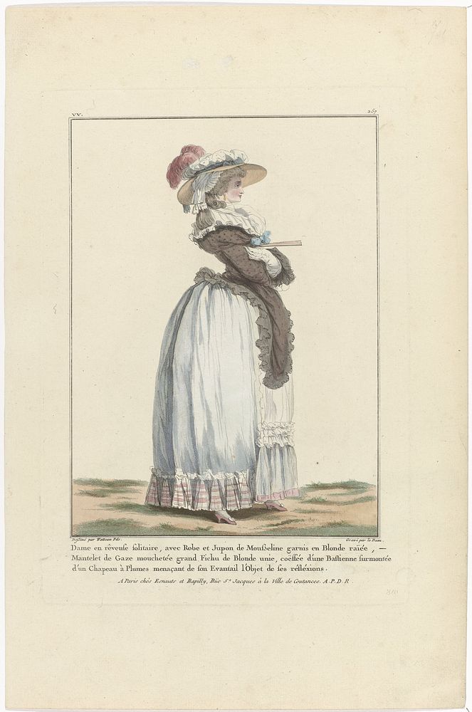 Gallerie des Modes et Costumes Francais, 1784, vv 257 : Dame en rêveuse solitaire.. (1784) by Pierre Adrien Le Beau…