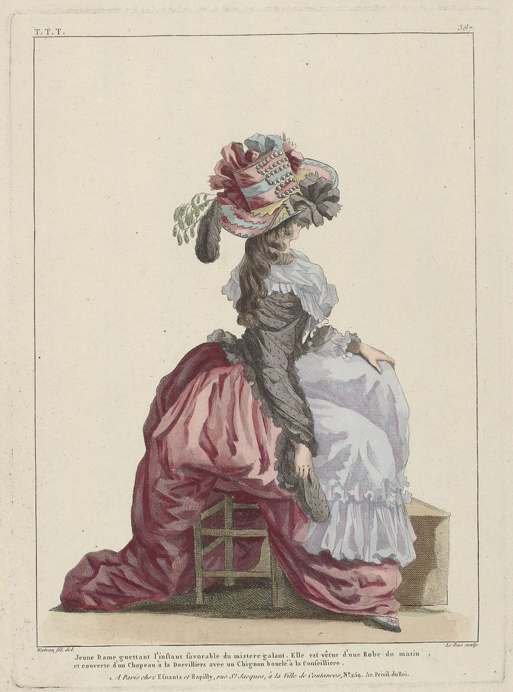 Gallerie des Modes et Costumes Français, 1787, TTT 387 : Jeune Dame guettant l'instant (...). (c. 1787) by Le Bas, François…