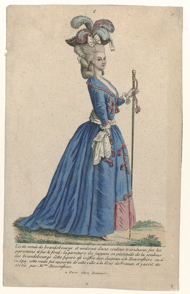 Gallerie des Modes et Costumes Français, 1785, nr. 1, Kopie naar cc 162 : Lévite ornée de brandebourgs (...) (c. 1785) by…