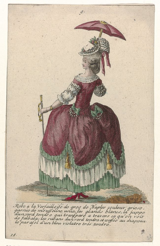 Gallerie des Modes et Costumes Français, 1785, No. 9, No. 18, Kopie naar N 74 : Robe a la Versaillois (...) (c. 1785) by…