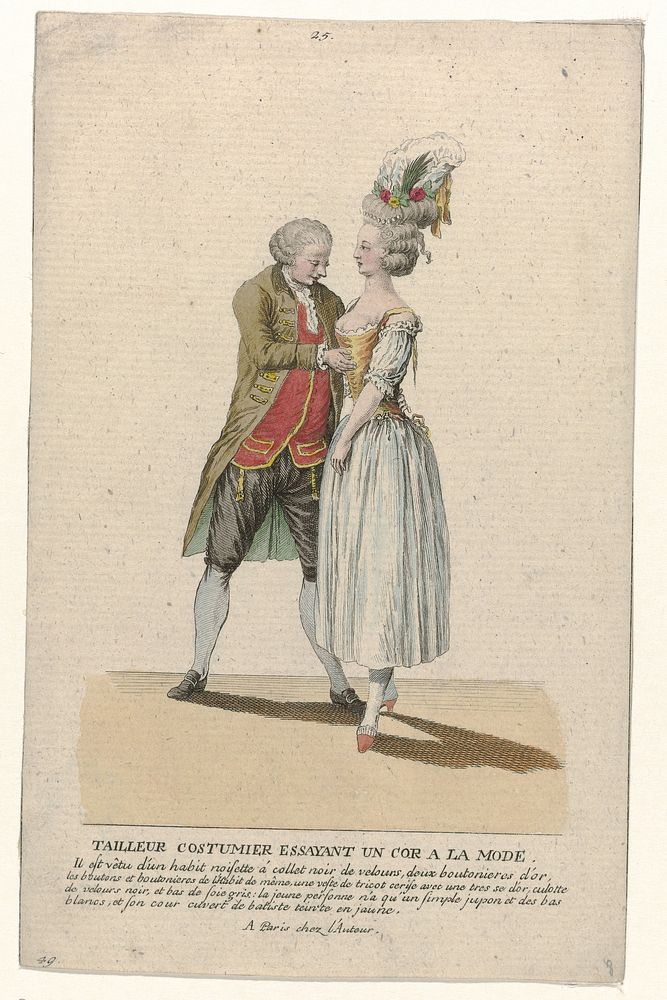 Gallerie des Modes et Costumes Français, 1785, nr. 25, nr. 49, Kopie naar P 85 : Tailleur costumier essayant (...) (c. 1785)…