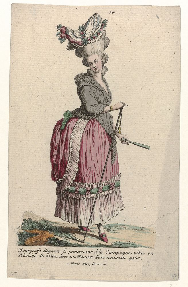 Gallerie des Modes et Costumes Français, 1785, nr. 14, nr. 27, Kopie naar J 53 : Bourgeoise élégante se promenant (...) (c.…