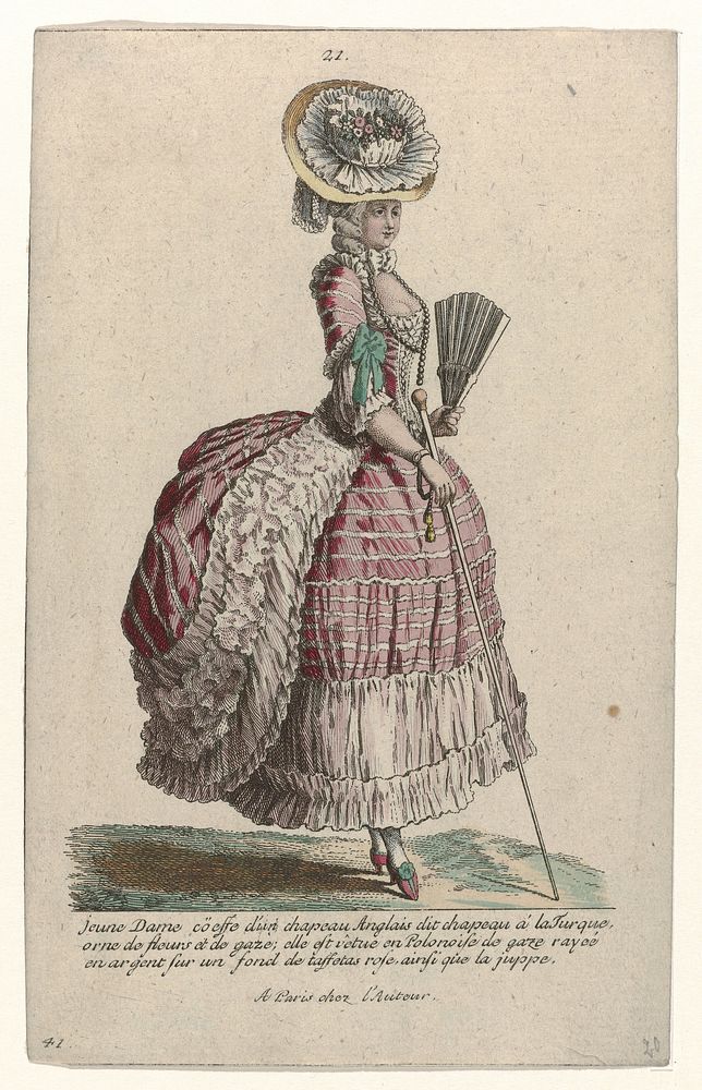 Gallerie des Modes et Costumes Français, 1785, nr. 21, nr. 41, Kopie naar V 123 : Jeune dame coëffé d'un chapeau Anglais…