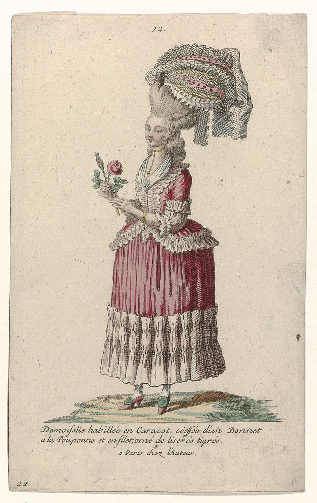 Gallerie des Modes et Costumes Français, 1785, nr. 12, nr. 24, Kopie naar K 59 : Demoiselle habillée en Caracot (...). (c.…