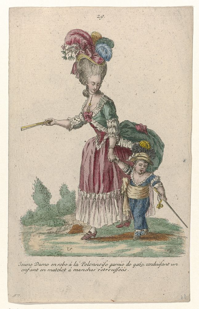 Gallerie des Modes et Costumes Français, 1785, nr. 29, nr. 57, Kopie naar jj 198 : Jeune Dame en robe à la Polonnois (...)…