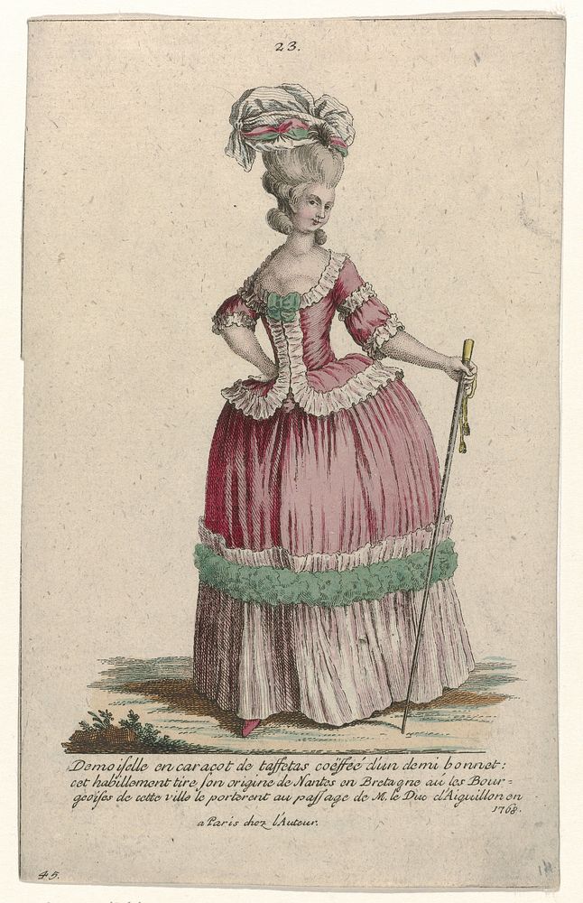 Gallerie des Modes et Costumes Français, 1785, nr. 23, nr. 45, Kopie naar M 72 : Demoiselle en caracot (...) (c. 1785) by…