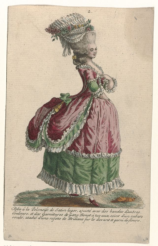 Gallerie des Modes et Costumes Français, 1785, nr. 2, nr. 3, Kopie naar gg 181 : Robe à la Polonoise de Satin (...) (c.…