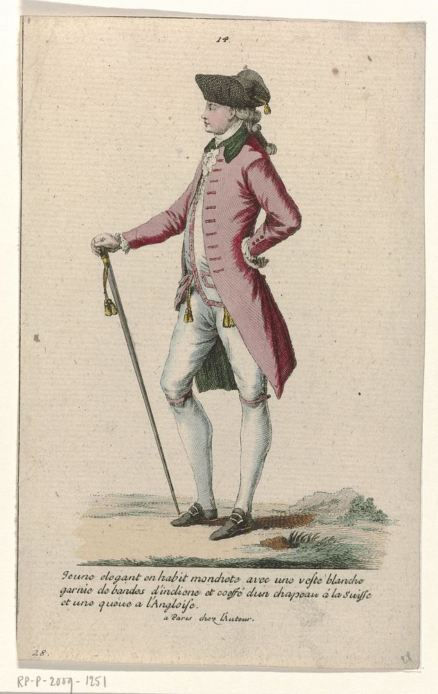 Gallerie des Modes et Costumes Français, 1785, nr. 14, nr. 28, Kopie naar J 52 : Jeune élégant en habit monchet (...) (c.…