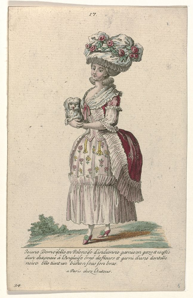 Gallerie des Modes et Costumes Français, 1785, nr. 17, nr. 34, Kopie naar Q 95 : Jeune Demoiselle en Polonoise d'indienn…