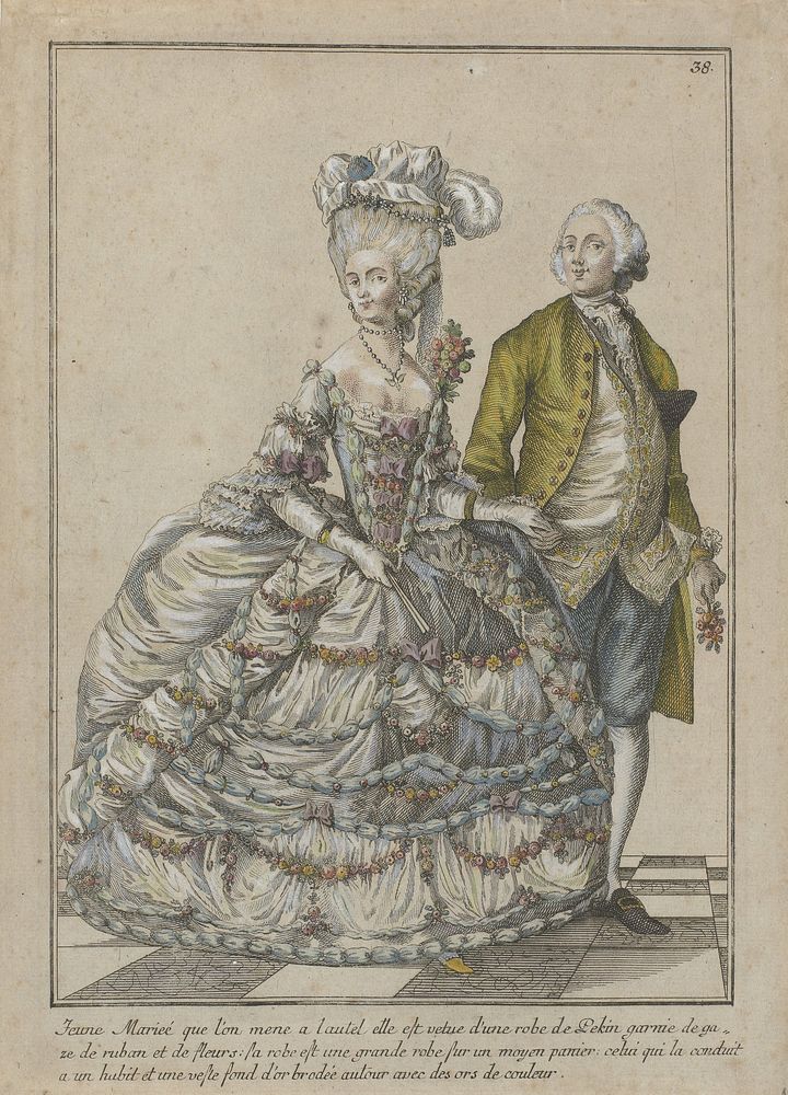 Gallerie des Modes et Costumes Français, 1785, nr. 38, Kopie naar Y 133 : Jeune Mariée que l'on mene a l'autel (...). (c.…