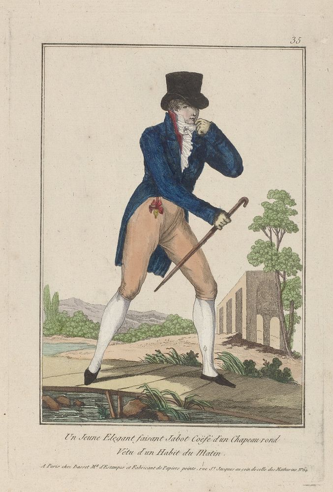 Collection consacrée aux modes d'hommes et de femmes, 1783-1813, No. 35 (181) : Un jeune Elegant faisant Jabot (...) (1783 -…