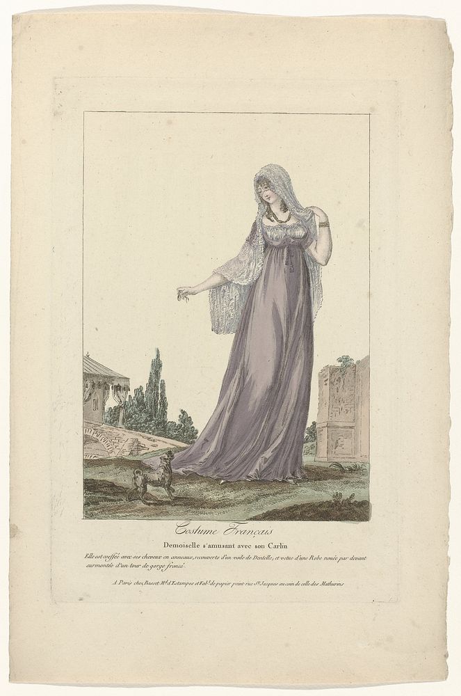 Costume Français, 1795, No. 7 : Demoiselle s'amusant avec son Carlin (...) (c. 1795) by anonymous and Basset
