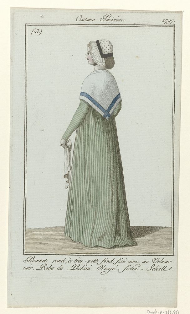 Journal des Dames et des Modes, Costume Parisien, 3 décembre 1797, (13) : Bonnet rond, à tres-petit fond (...) (1797) by…