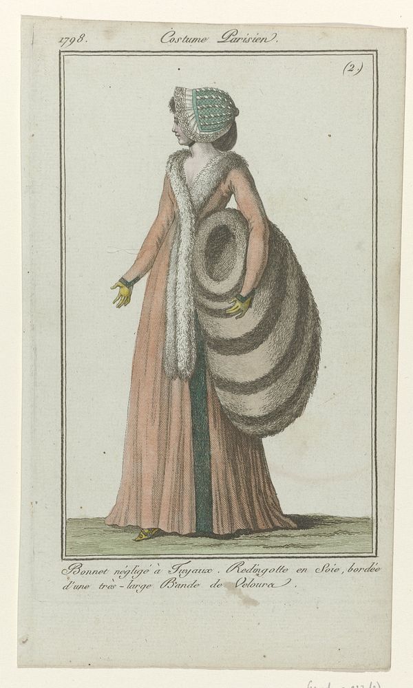 Journal des Dames et des Modes, Costume Parisien, 15 janvier 1798, (2) : Bonnet négligé à Tuyaux (...) (1798) by anonymous…