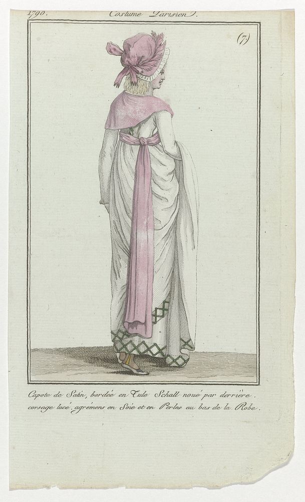 Journal des Dames et des Modes, Costume Parisien, 18 février 1798, (7) : Capote de Satin (...) (1798) by anonymous, Sellèque…