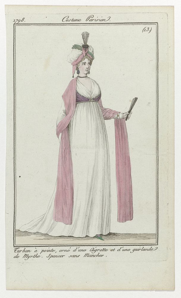 Journal des Dames et des Modes, Costume Parisien, 1 avril 1798, (13) : Turban à point (...) (1798) by anonymous, Sellèque…