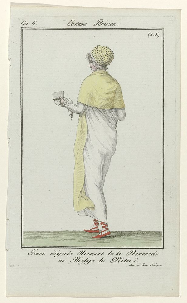 Journal des Dames et des Modes, Costume Parisien, 2 juin 1798, An 6, (23): Jeune élégante Revenant (...) (1798) by…
