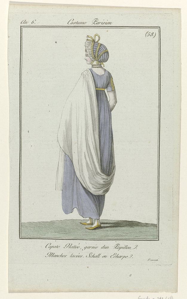 Journal des Dames et des Modes, Costume Parisien, 27 août 1798, An 6, (58) : Capote Natté (...) (1798) by anonymous…