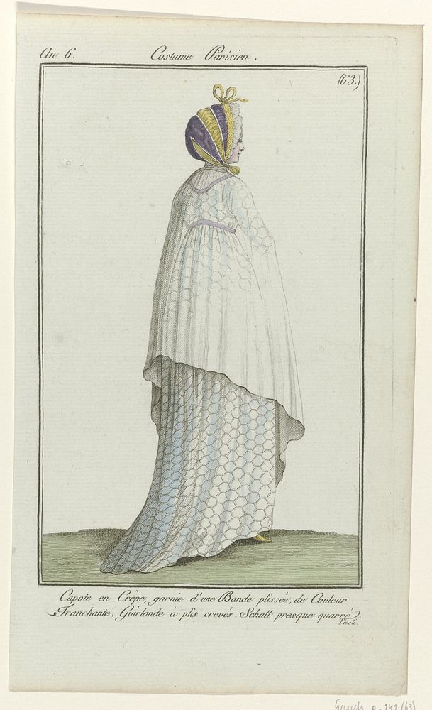 Journal des Dames et des Modes, Costume Parisien, 21 septembre 1798, An 6 (63) : Capote en Crêp (...) (1798) by anonymous…