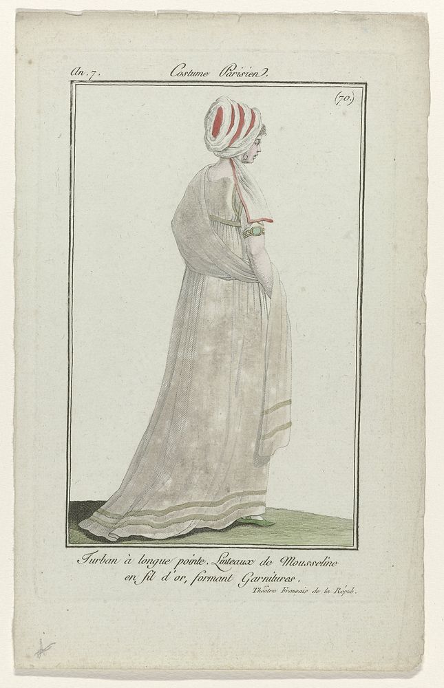 Journal des Dames et des Modes, Costume Parisien, 27 octobre 1798, An 7 (70) : Turban à longue point (...) (1798) by…
