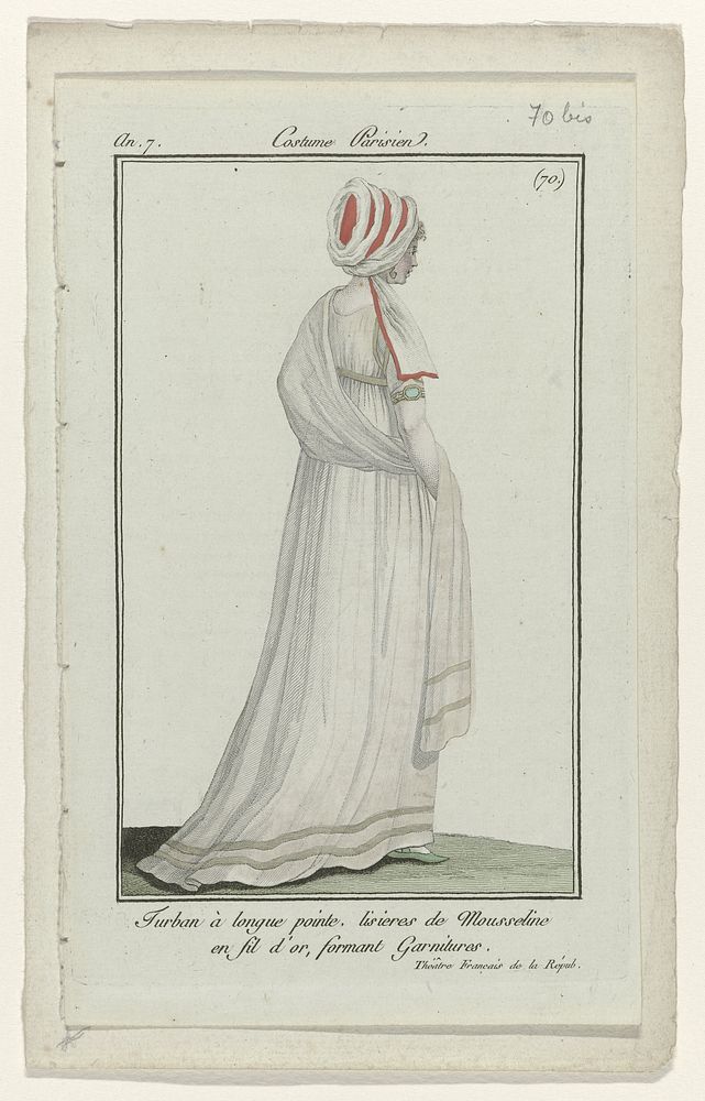 Journal des Dames et des Modes, Costume Parisien, 27 octobre 1798, An 7 (70 bis) : Turban à longue point (...) (1798) by…