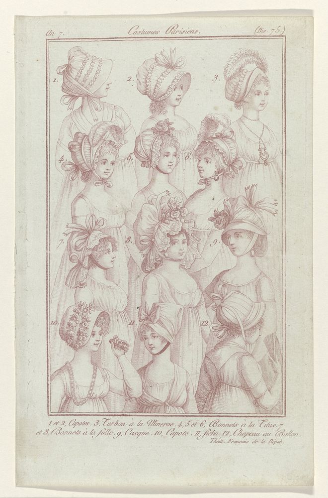 Journal des Dames et des Modes, Costumes Parisiens, 27 novembre 1798, An 7 (75 (bis)) : 1 et 2, Capotes. 3. Turban (...)…