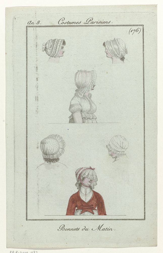 Journal des Dames et des Modes, Costume Parisien, 6 décembre 1799, An 8 (176) : Bonnets du Matin (1799) by anonymous and…