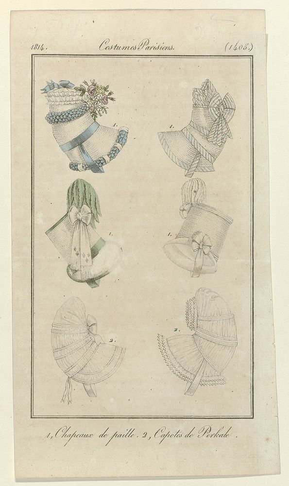 Journal des Dames et des Modes, Costumes Parisiens, 25 juin 1814, (1405): 1, Chapeaux de paill (...) (1814) by anonymous and…