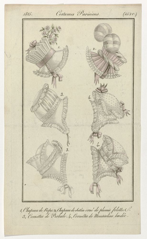 Journal des Dames et des Modes, Costume Parisien, 10 novembre 1815, (1520): 1. Chapeau de reps (...) (1815) by anonymous and…