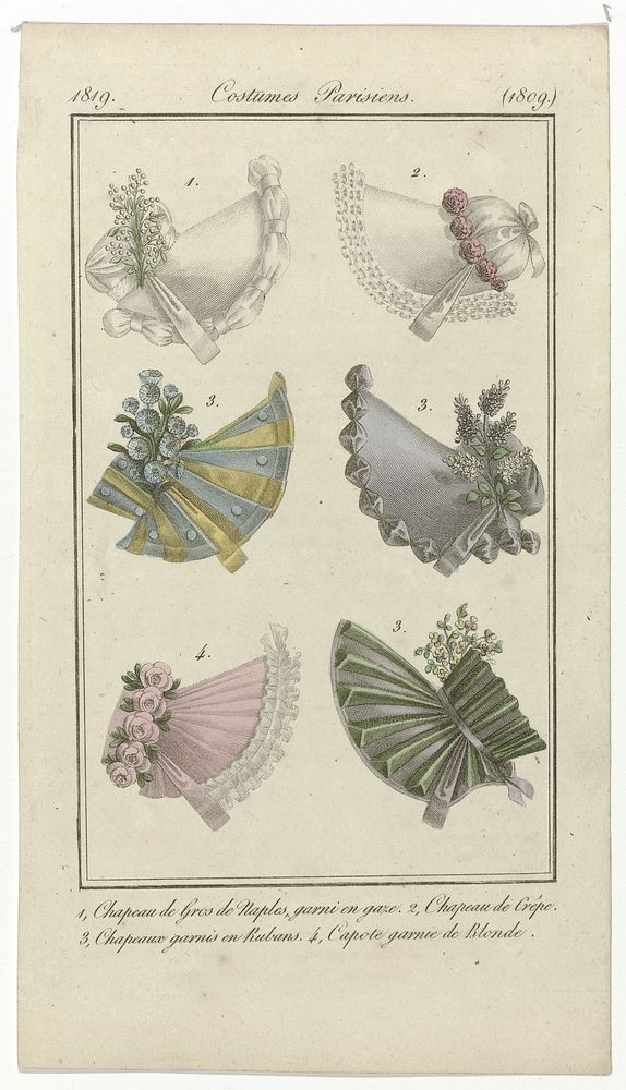 Journal des Dames et des Modes, Costumes Parisiens, 15 avril 1819, (1809): 1, Chapeau de Gros de Naples (...) (1819) by…