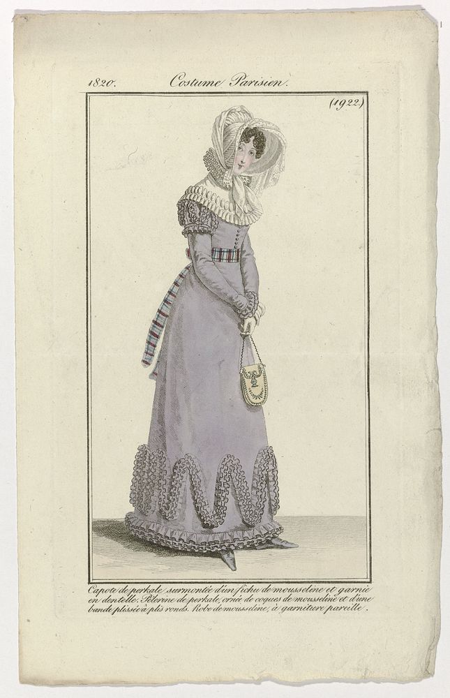 Journal des Dames et des Modes, Costume Parisien, 20 août 1820, (1922): Capote de perkal (...) (1820) by anonymous and…