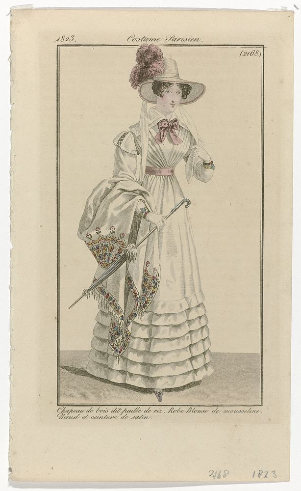 Journal des Dames et des Modes, Costume Parisien, 25 juillet 1823, (2168): Chapeau de bois dit paille de riz (...) (1823) by…