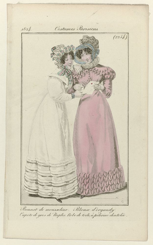 Journal des Dames et des Modes, Costume Parisien, 5 août 1824, (2254): Bonnet de mousselin (...) (1824) by August Delvaux…