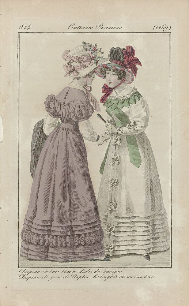 Journal des Dames et des Modes, Costumes Parisiens, 10 octobre 1824, (2269): Chapeau de bois blanc (...) (1824) by anonymous…