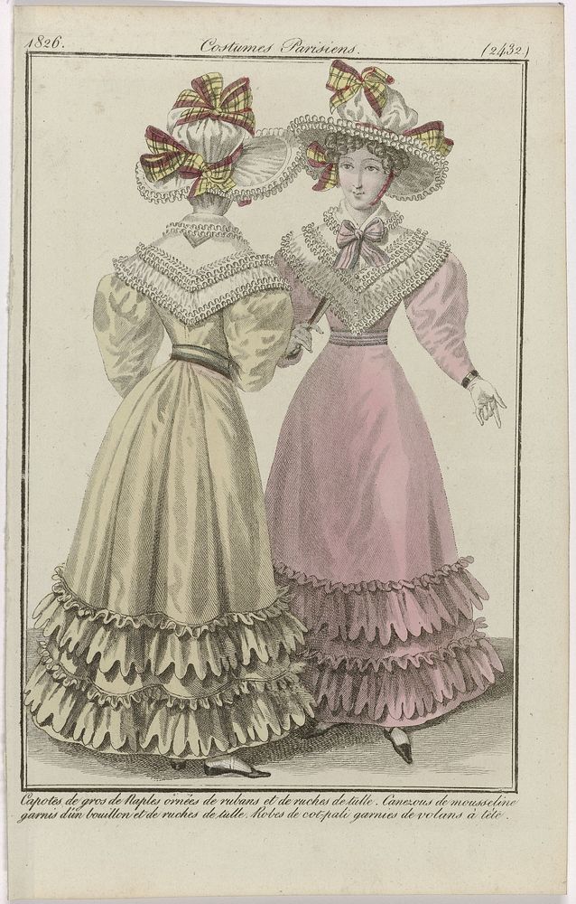 Journal des Dames et des Modes, Costumes Parisiens, 20 août 1826, (2432): Capotes de gros de Naples (...) (1826) by…