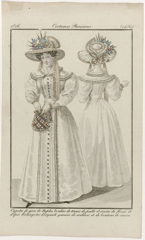 Journal des Dames et des Modes, Costumes Parisiens, 5 septembre 1826, (2436): Capotes de gros de Naples (...) (1826) by…