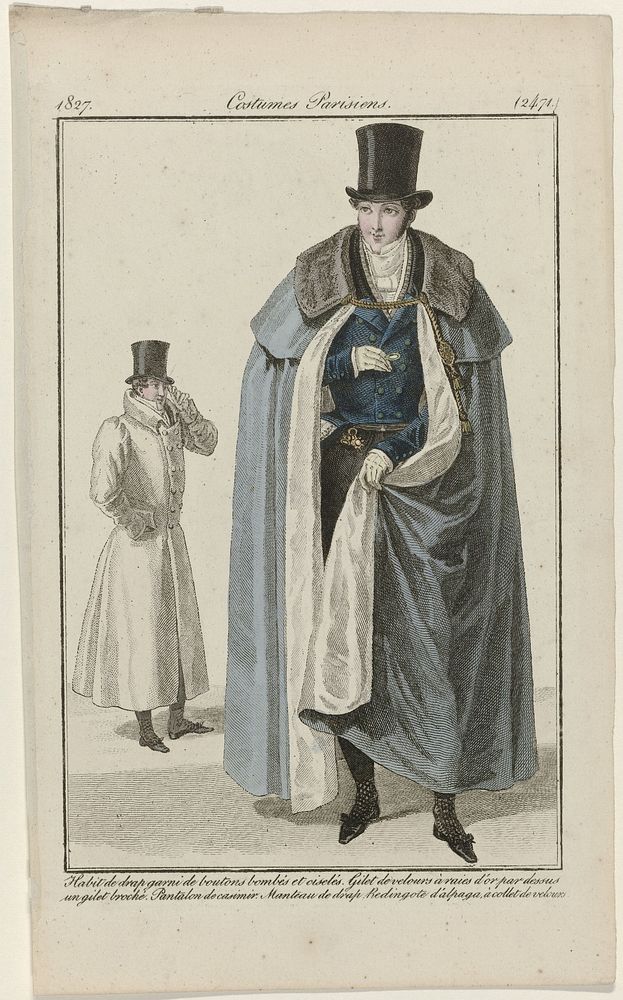 Journal des Dames et des Modes, Costumes Parisiens, 15 janvier 1827, (2471): Habit de drap garni de boutons (...) (1827) by…