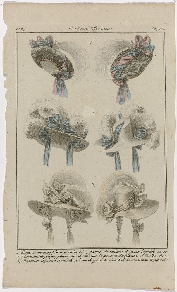 Journal des Dames et des Modes, Costumes Parisiens, 31 janvier 1827, (2475): 1, Bérets de velours (...) (1827) by anonymous…