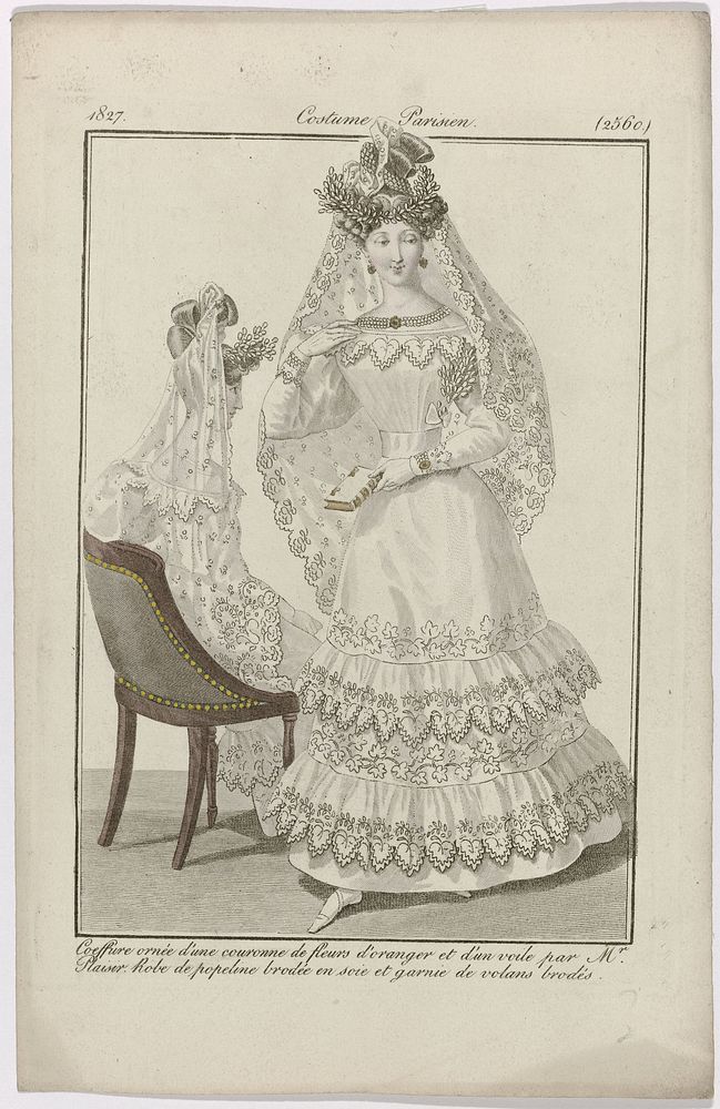 Journal des Dames et des Modes, Costume Parisien, 20 décembre 1827, (2560): Coeffure ornée d'une couronn (...) (1827) by…