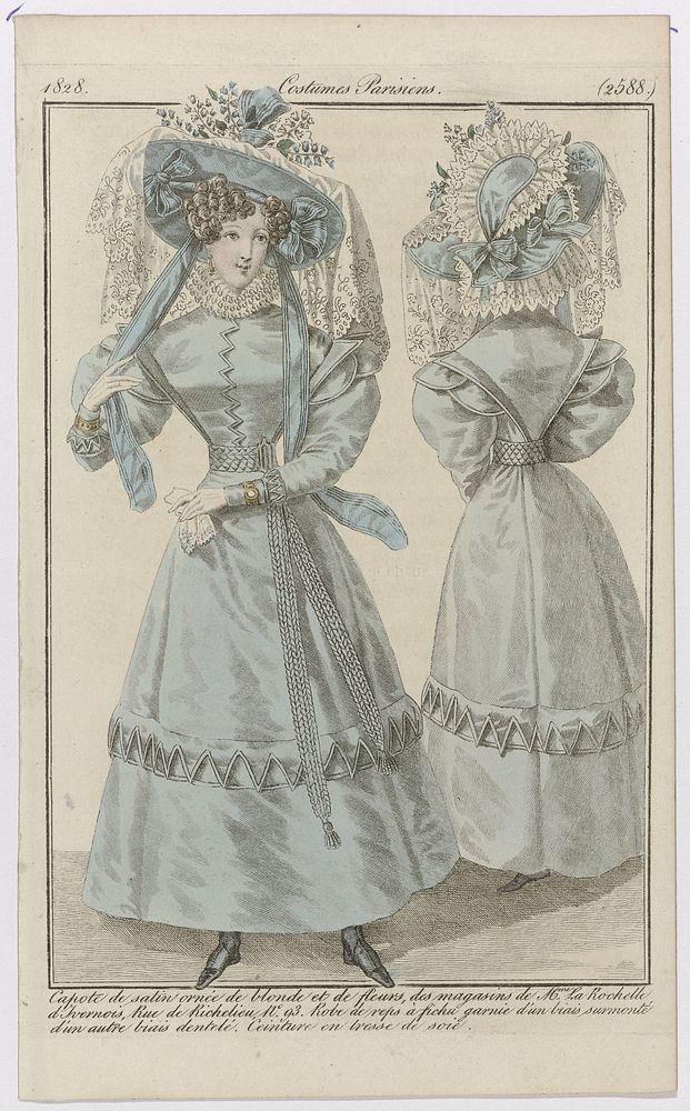 Journal des Dames et des Modes, Costumes Parisiens, 5 avril 1828, (2588): Capote de satin (...) (1828) by anonymous and…