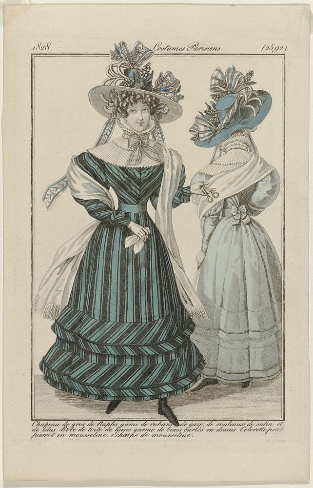Journal des Dames et des Modes, Costumes Parisiens, 20 avril 1828, (2592): Chapeau de gros de Naples (...) (1828) by…