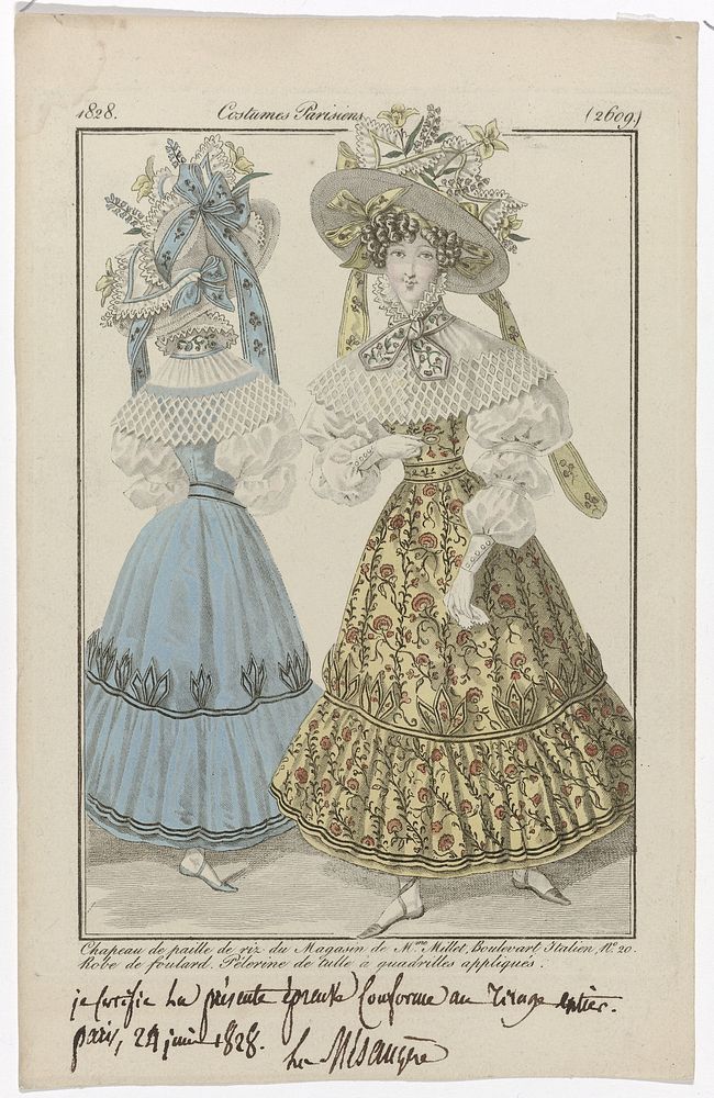Journal des Dames et des Modes, Costumes Parisiens, 25 juin 1828, (2609): Chapeau de paille de riz (...) (1828) by anonymous…