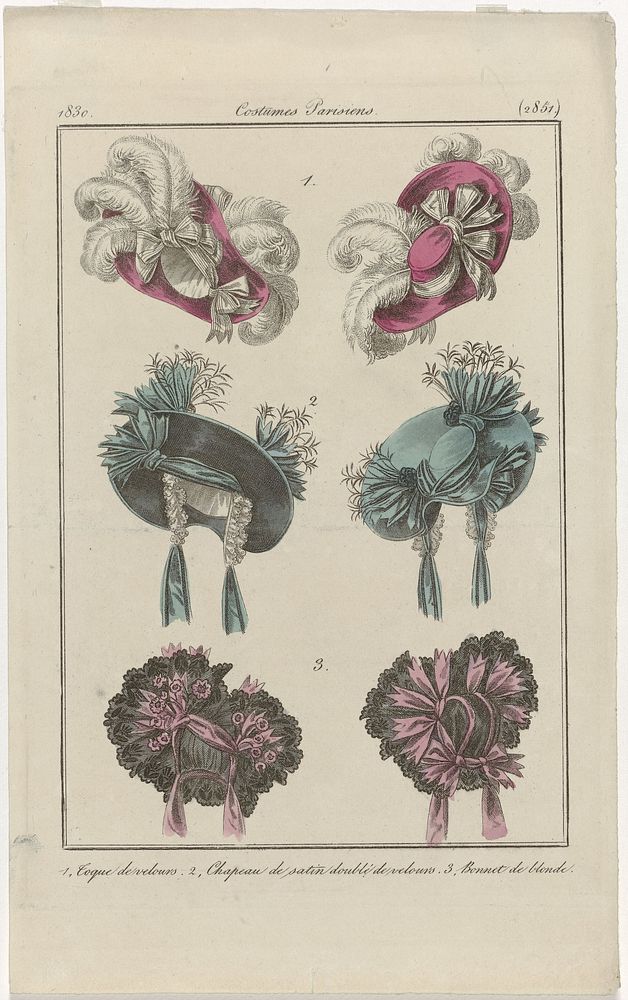 Journal des Dames et des Modes, Costumes Parisiens, 31 décembre 1830, (2851): 1, Toque de velours (...) (1830) by anonymous…