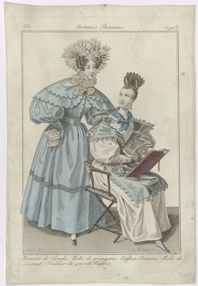 Journal des Dames et des Modes, Costumes Parisiens, 15 juillet 1831, (2903): Bonnet de blond (...) (1831) by August Delvaux…