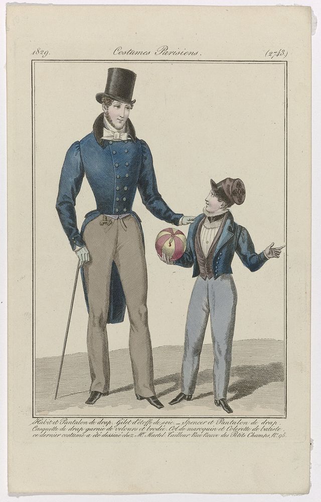 Journal des Dames et des Modes, Costumes Parisiens, 15 novembre 1829, (2743): Habit et Pantalon de drap (...) (1829) by…