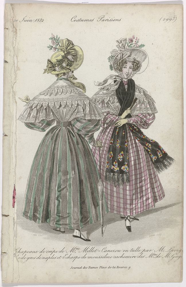 Journal des Dames et des Modes, Costumes Parisiens, 20 juin 1832, (2993): Chapeaux de crêp (...) (1832) by Georges Jacques…