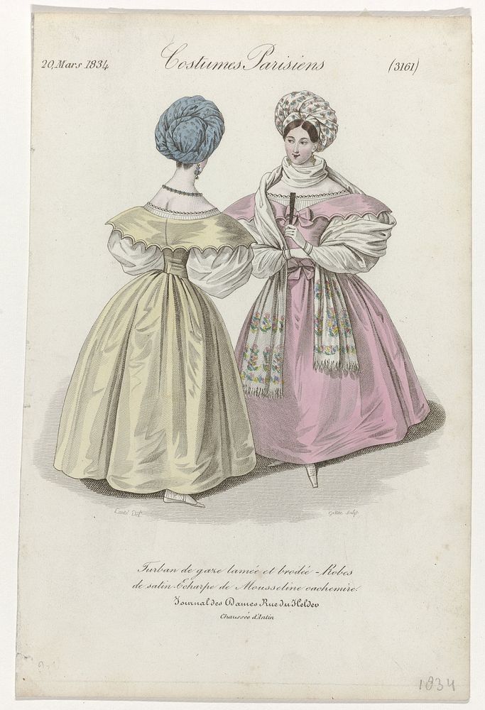 Journal des Dames et des Modes, Costumes Parisiens, 20 mars 1834, (3161): Turban de gaze lamé (...) (1834) by Georges…